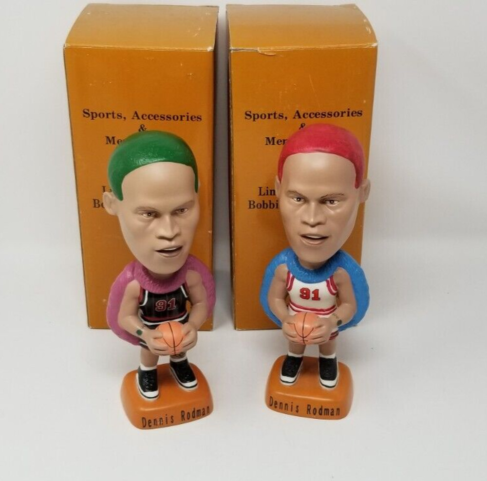 2 VTG 1997 Dennis Rodman Chicago Bulls Green & Red Hair Bobble Sams Bobbleheads